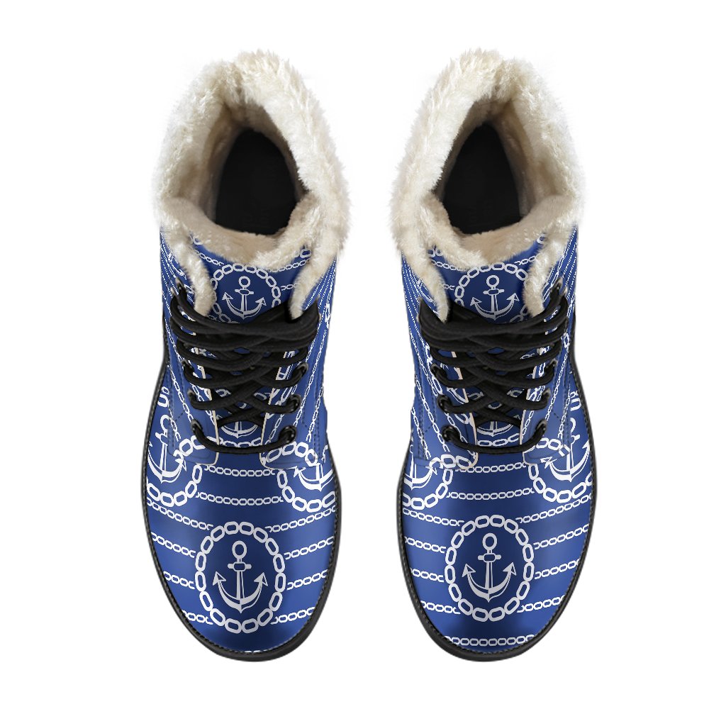 Anchor Stripe Pattern Faux Fur Leather Boots-JTAMIGO.COM