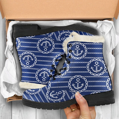 Anchor Stripe Pattern Faux Fur Leather Boots-JTAMIGO.COM