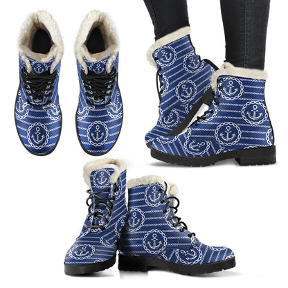 Anchor Stripe Pattern Faux Fur Leather Boots-JTAMIGO.COM