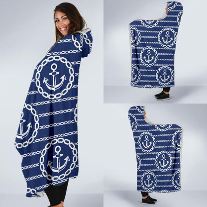 Anchor Stripe Pattern Hooded Blanket-JTAMIGO.COM