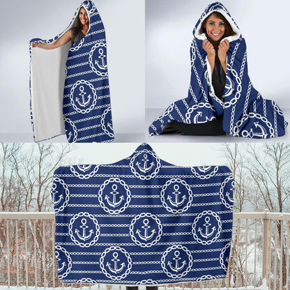Anchor Stripe Pattern Hooded Blanket-JTAMIGO.COM