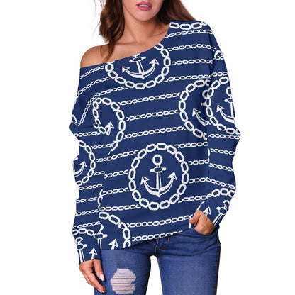 Anchor Stripe Pattern Off Shoulder Sweatshirt