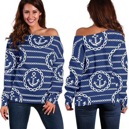 Anchor Stripe Pattern Off Shoulder Sweatshirt
