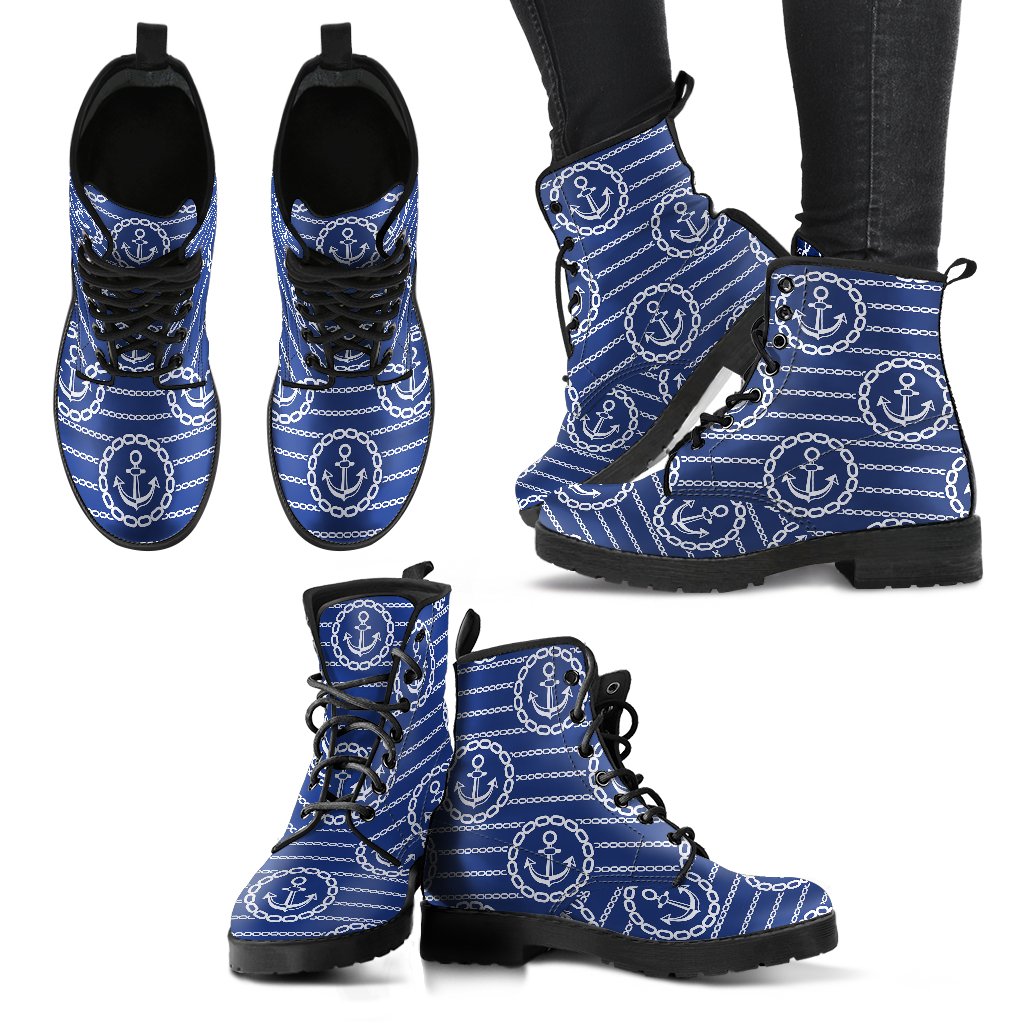 Anchor Stripe Pattern Women Leather Boots-JTAMIGO.COM