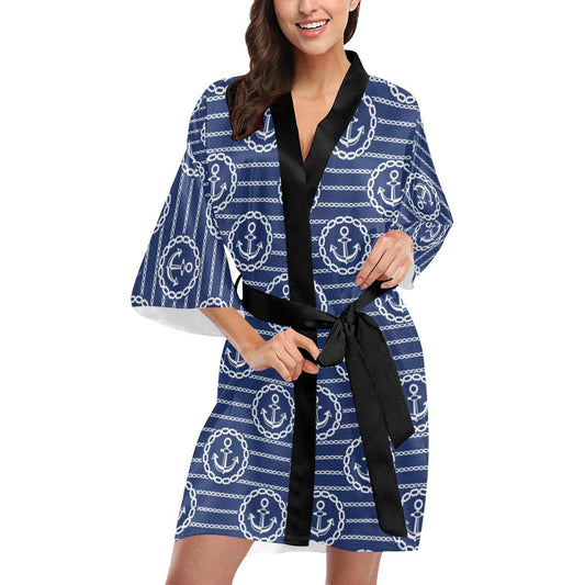 Anchor Stripe Pattern Women Short Kimono Robe