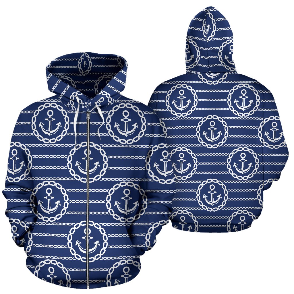 Anchor Stripe Pattern Zip Up Hoodie