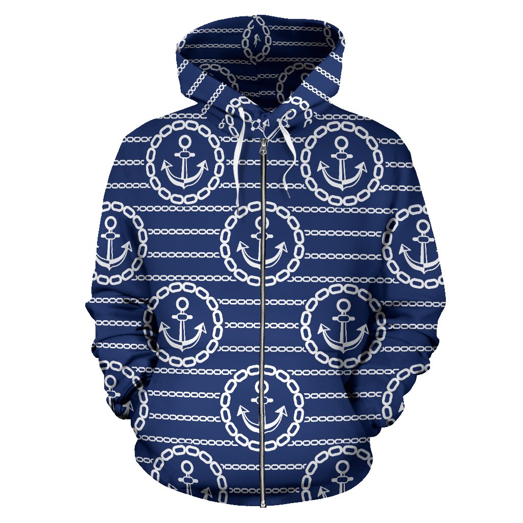 Anchor Stripe Pattern Zip Up Hoodie