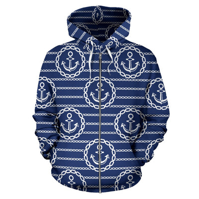 Anchor Stripe Pattern Zip Up Hoodie