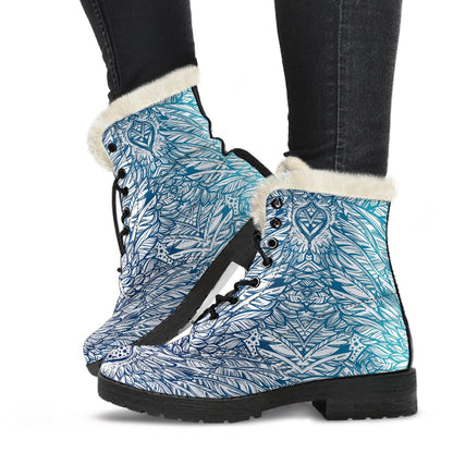 Angel Wings Boho Design Themed Print Faux Fur Leather Boots-JTAMIGO.COM