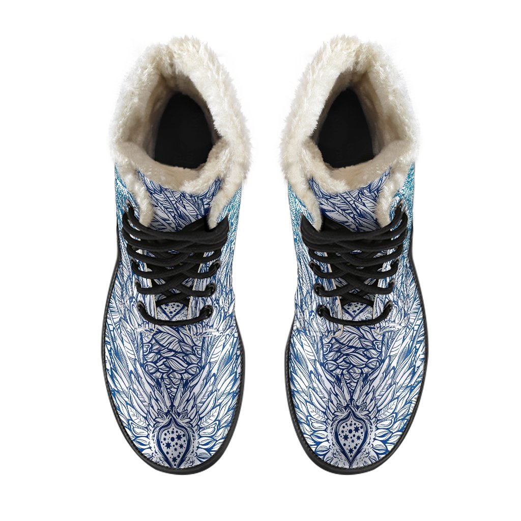 Angel Wings Boho Design Themed Print Faux Fur Leather Boots-JTAMIGO.COM
