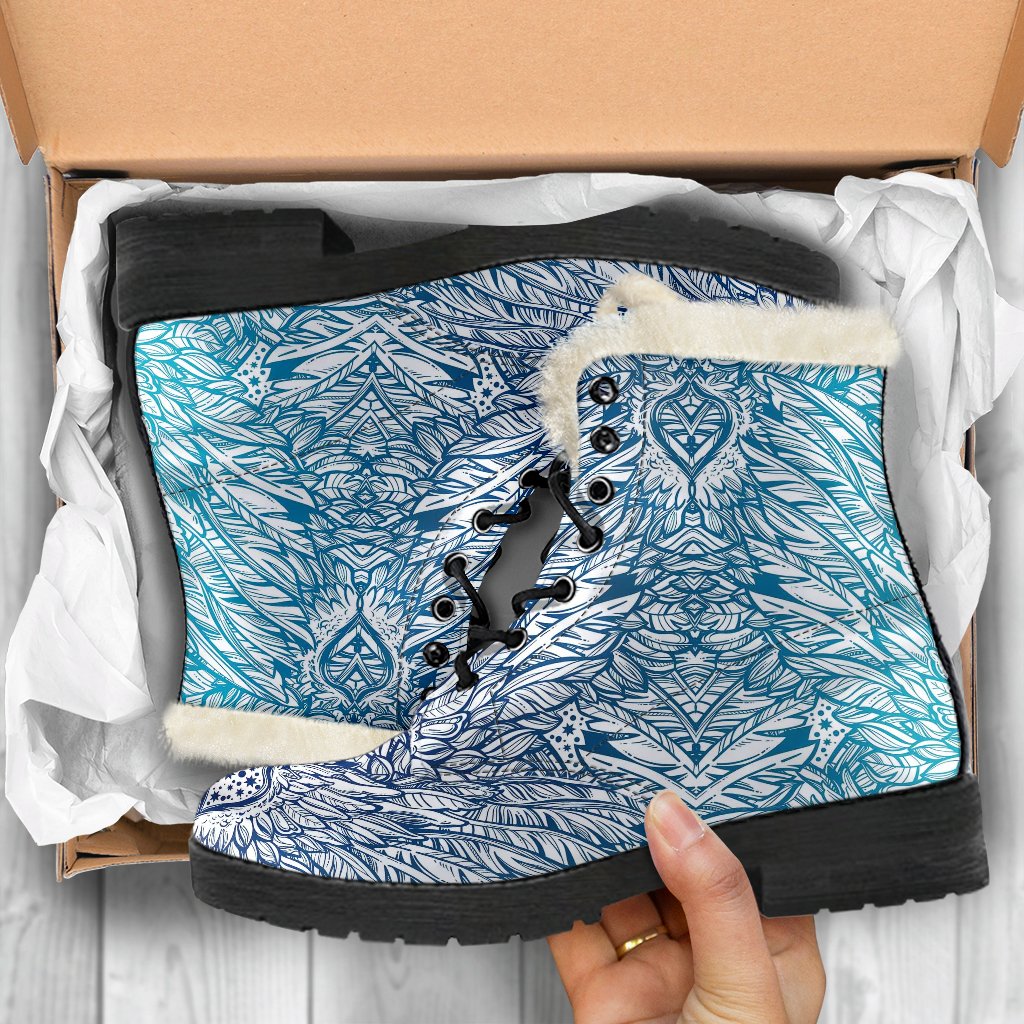 Angel Wings Boho Design Themed Print Faux Fur Leather Boots-JTAMIGO.COM