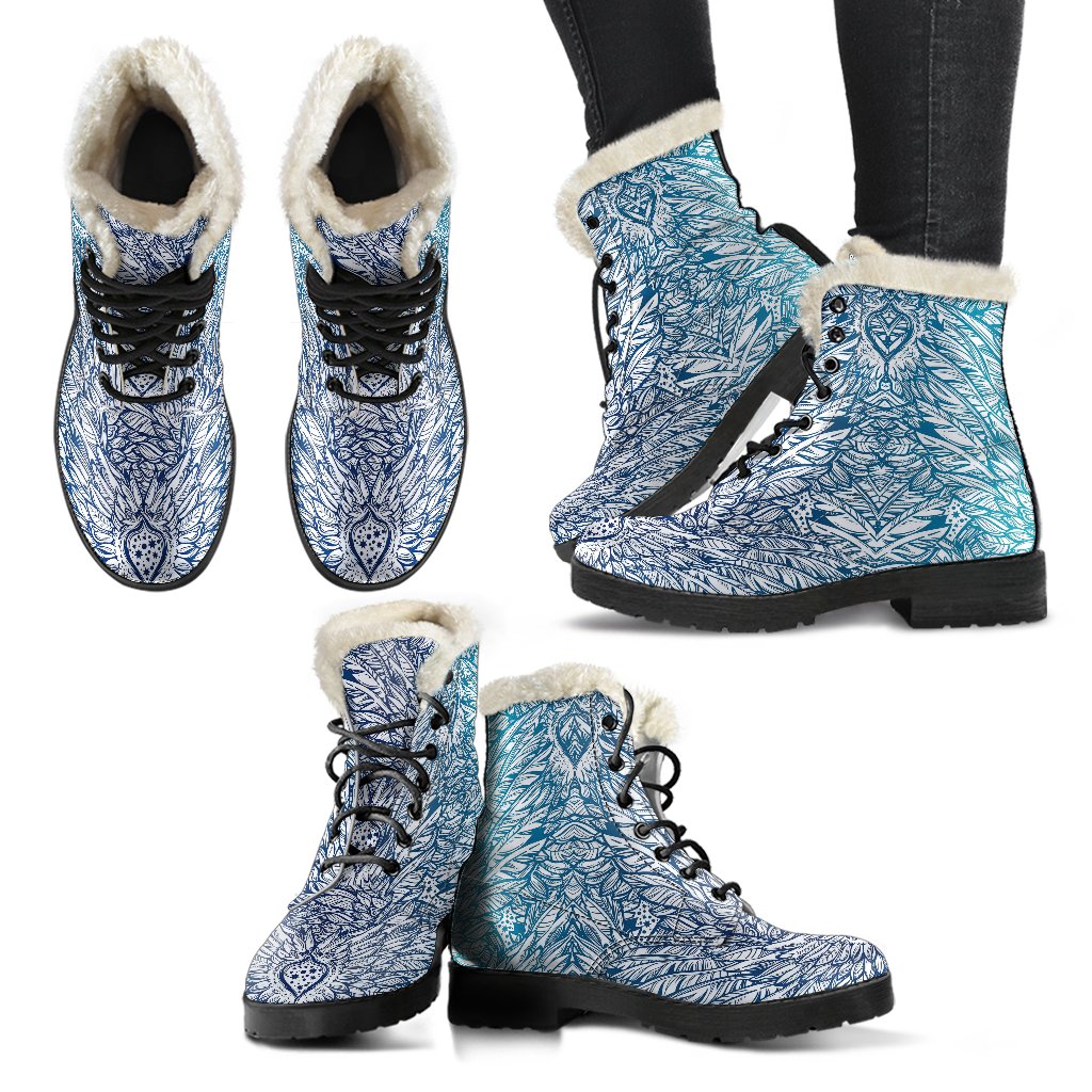 Angel Wings Boho Design Themed Print Faux Fur Leather Boots-JTAMIGO.COM