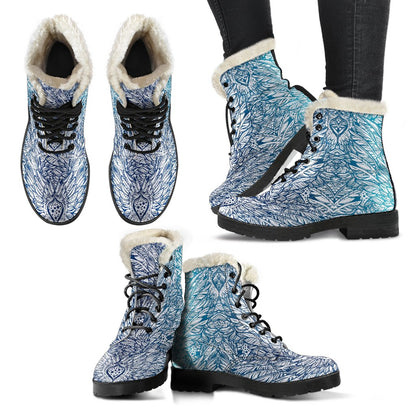 Angel Wings Boho Design Themed Print Faux Fur Leather Boots-JTAMIGO.COM