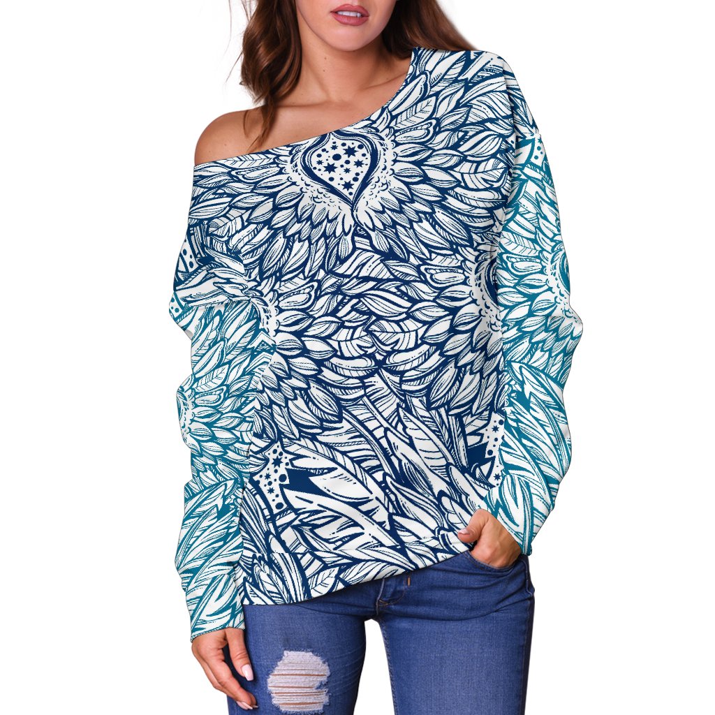 Angel Wings Boho Design Themed Print Off Shoulder Sweatshirt