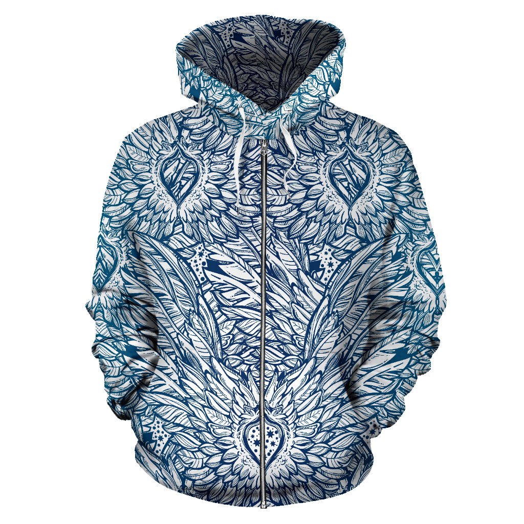 Angel Wings Boho Design Themed Print Zip Up Hoodie