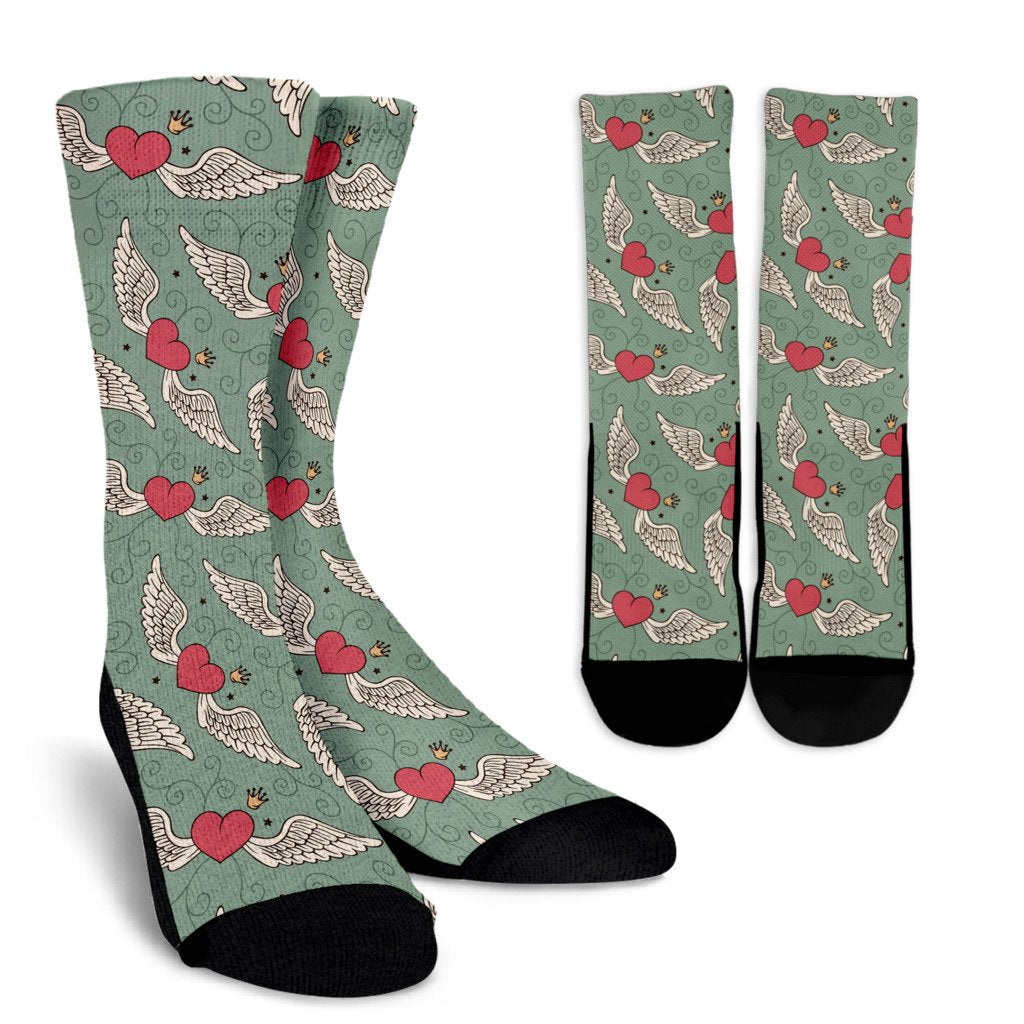 Angel Wings Heart Design Themed Print Crew Socks