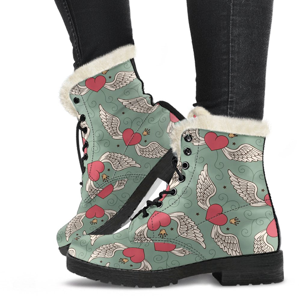 Angel Wings Heart Design Themed Print Faux Fur Leather Boots-JTAMIGO.COM