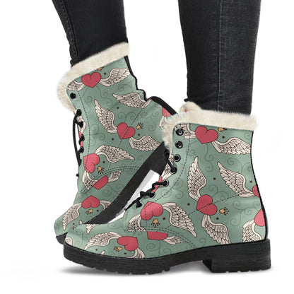Angel Wings Heart Design Themed Print Faux Fur Leather Boots-JTAMIGO.COM