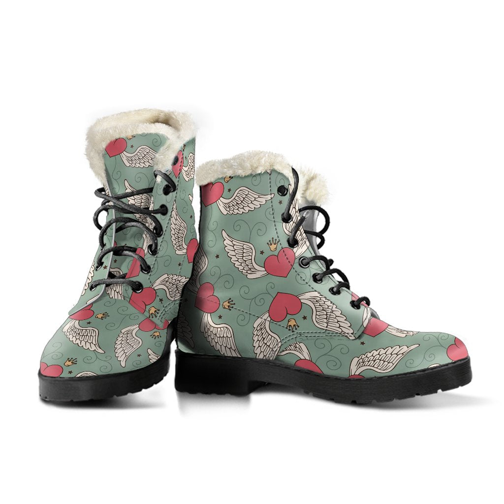 Angel Wings Heart Design Themed Print Faux Fur Leather Boots-JTAMIGO.COM