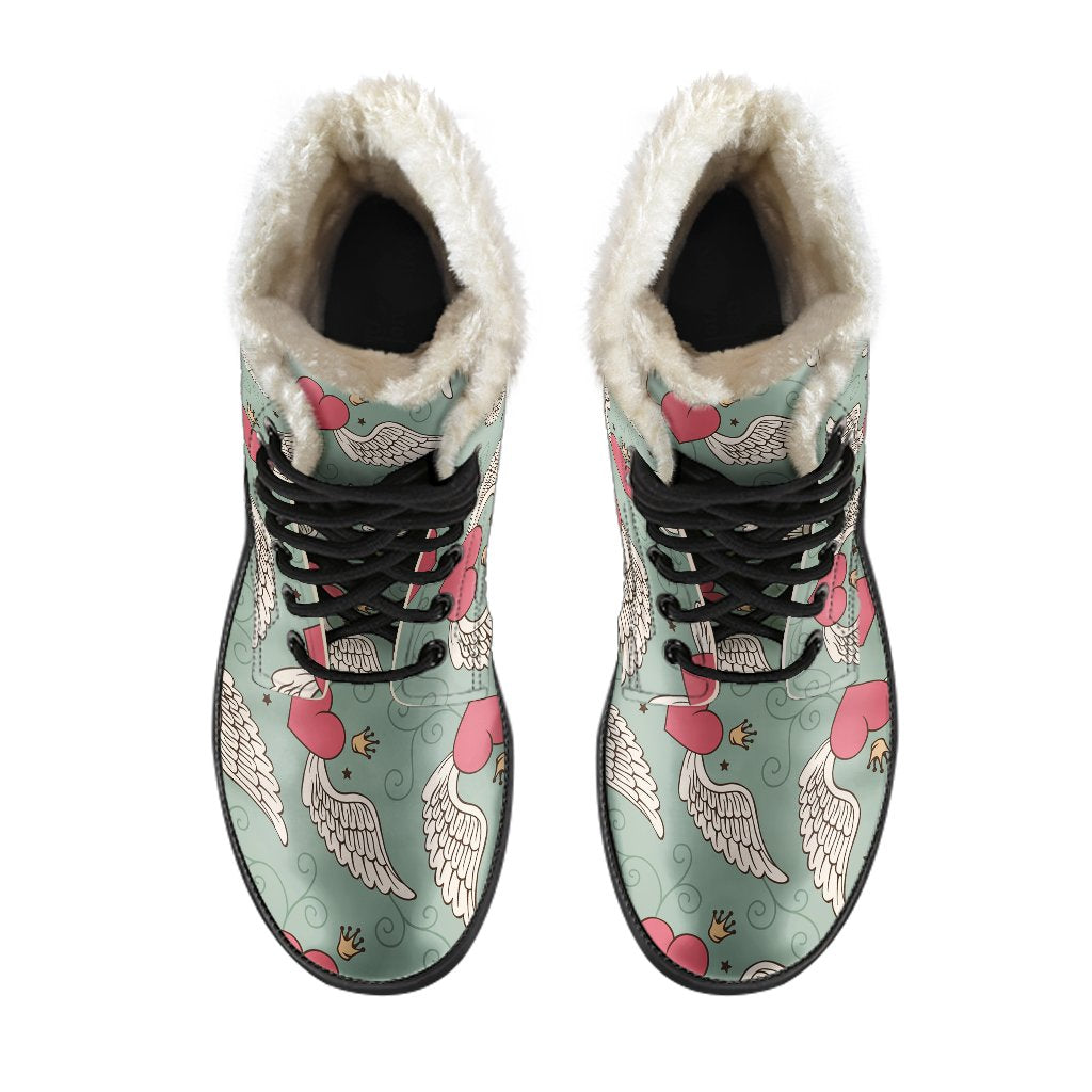 Angel Wings Heart Design Themed Print Faux Fur Leather Boots-JTAMIGO.COM