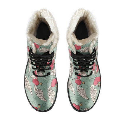 Angel Wings Heart Design Themed Print Faux Fur Leather Boots-JTAMIGO.COM