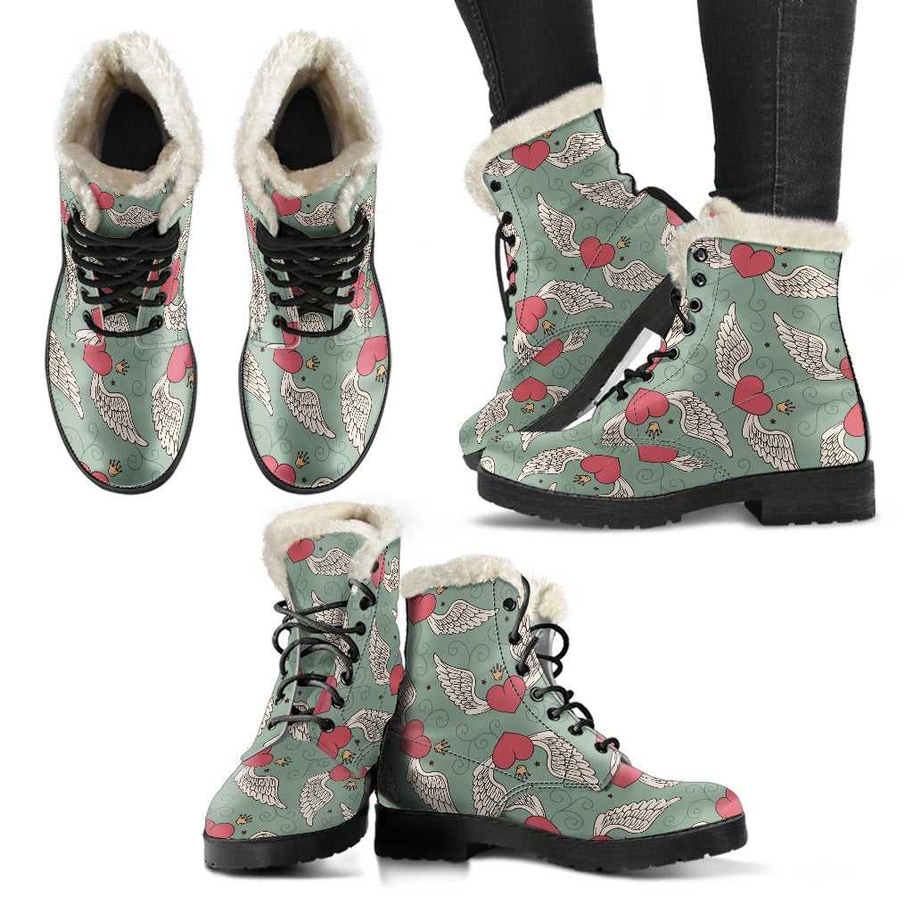 Angel Wings Heart Design Themed Print Faux Fur Leather Boots-JTAMIGO.COM