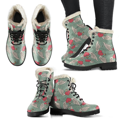 Angel Wings Heart Design Themed Print Faux Fur Leather Boots-JTAMIGO.COM