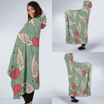 Angel Wings Heart Design Themed Print Hooded Blanket-JTAMIGO.COM