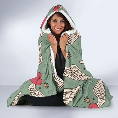 Angel Wings Heart Design Themed Print Hooded Blanket-JTAMIGO.COM