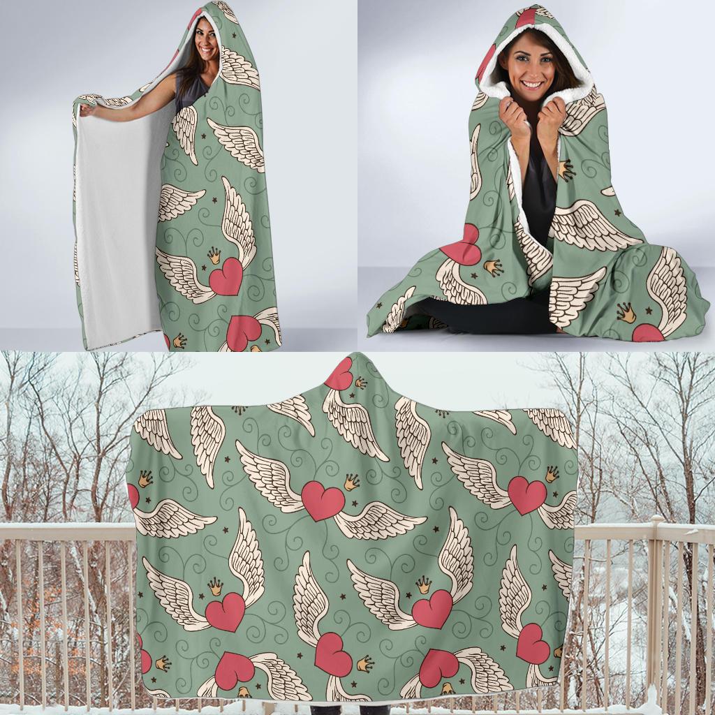Angel Wings Heart Design Themed Print Hooded Blanket-JTAMIGO.COM