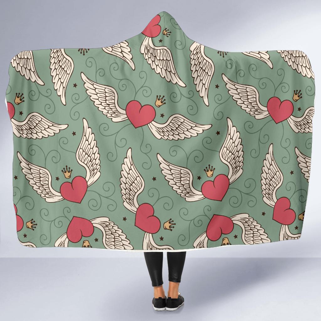 Angel Wings Heart Design Themed Print Hooded Blanket-JTAMIGO.COM