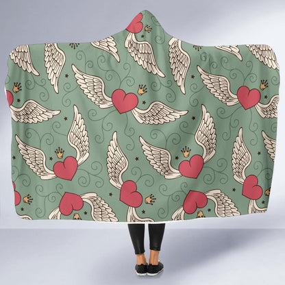 Angel Wings Heart Design Themed Print Hooded Blanket-JTAMIGO.COM