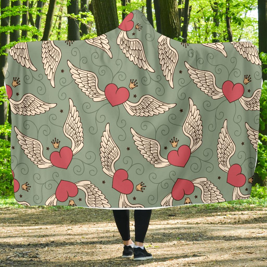 Angel Wings Heart Design Themed Print Hooded Blanket-JTAMIGO.COM