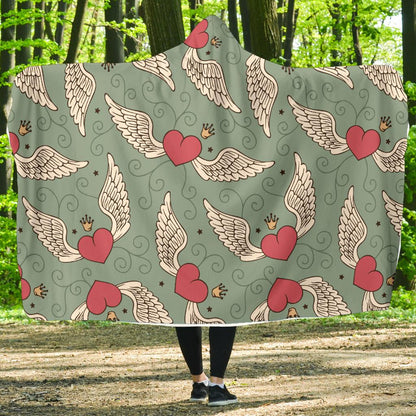Angel Wings Heart Design Themed Print Hooded Blanket-JTAMIGO.COM