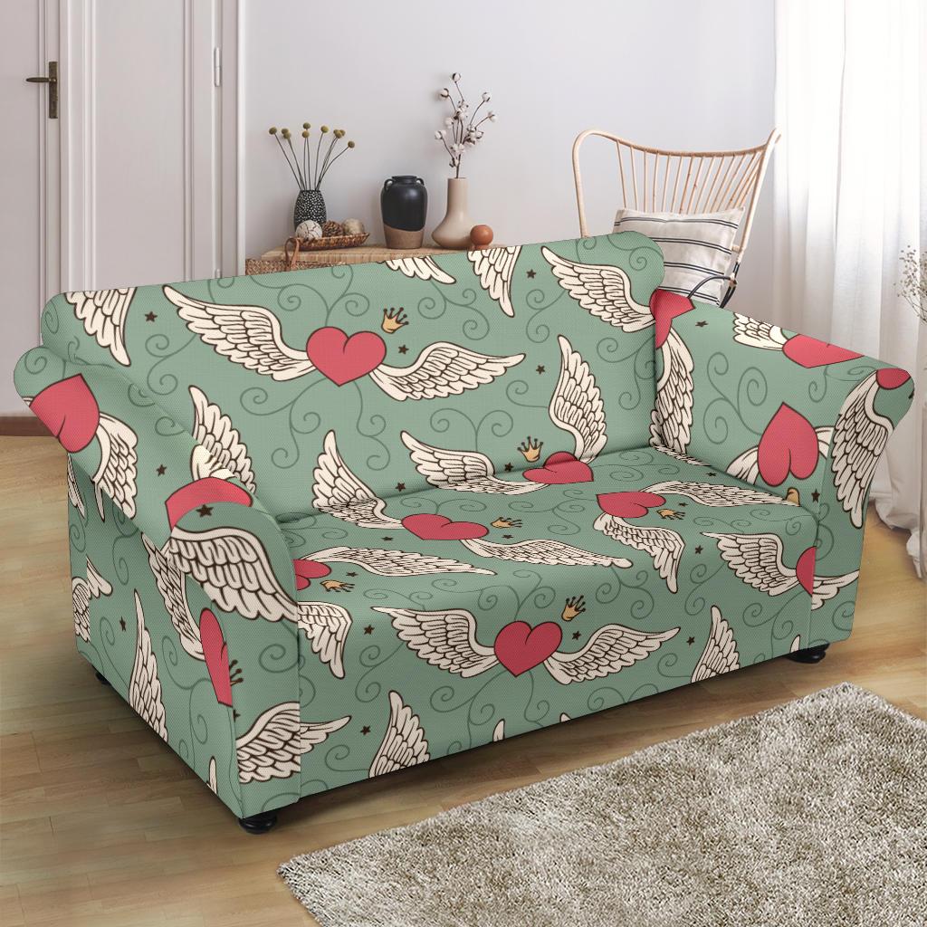 Angel Wings Heart Design Themed Print Loveseat Slipcover-JTAMIGO.COM