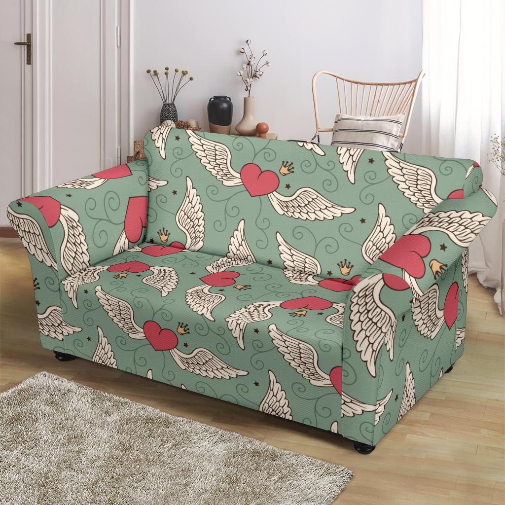 Angel Wings Heart Design Themed Print Loveseat Slipcover-JTAMIGO.COM