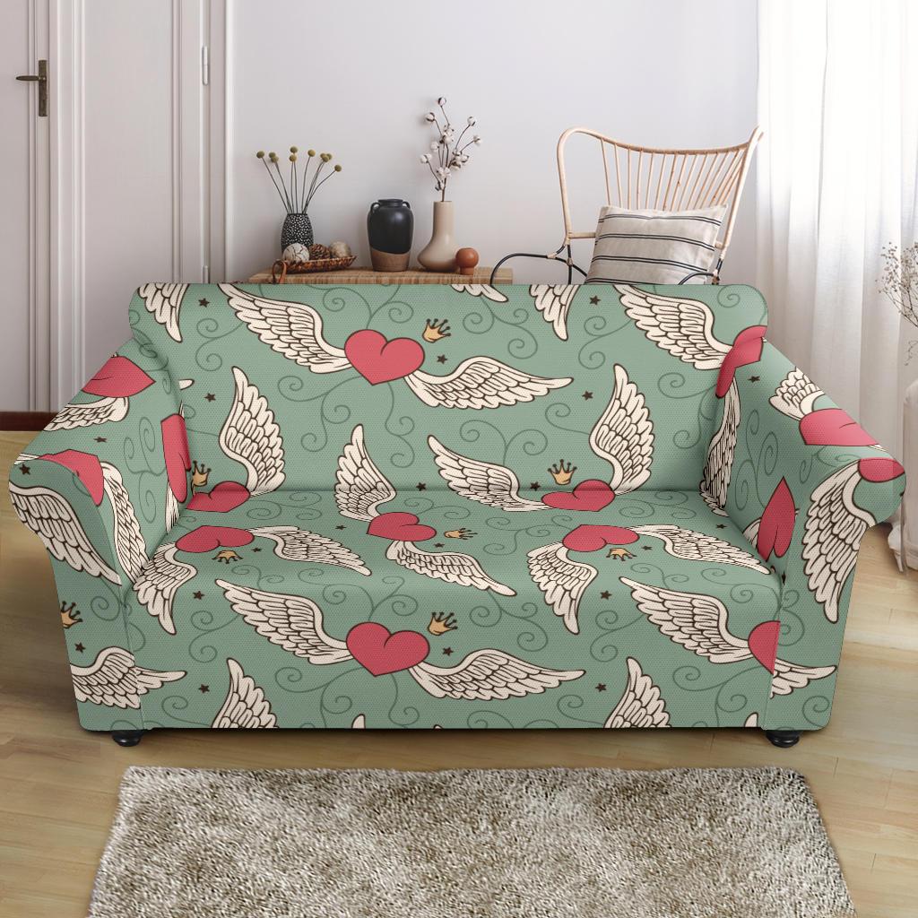 Angel Wings Heart Design Themed Print Loveseat Slipcover-JTAMIGO.COM