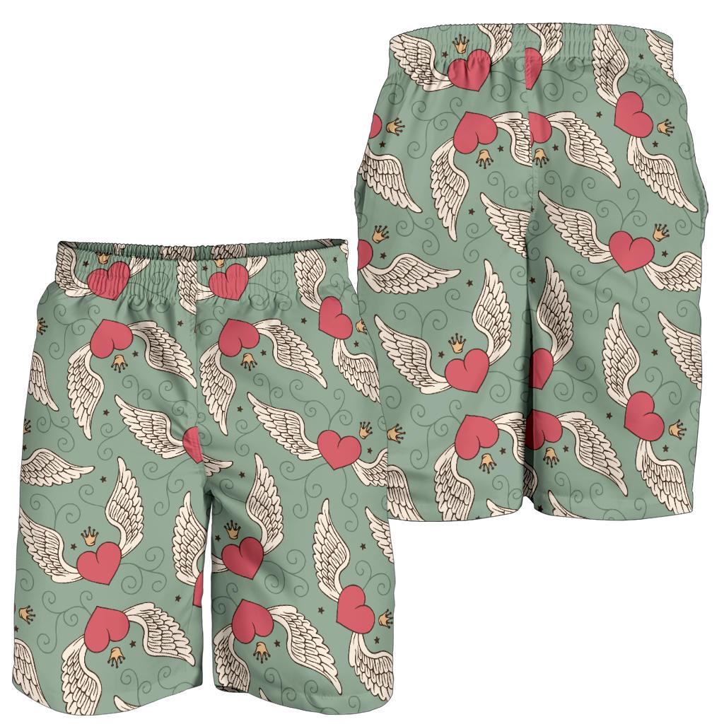 Angel Wings Heart Design Themed Print Mens Shorts-JTAMIGO.COM