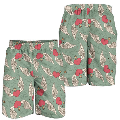 Angel Wings Heart Design Themed Print Mens Shorts-JTAMIGO.COM