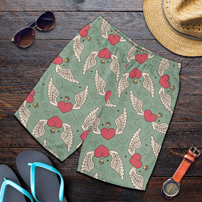 Angel Wings Heart Design Themed Print Mens Shorts-JTAMIGO.COM