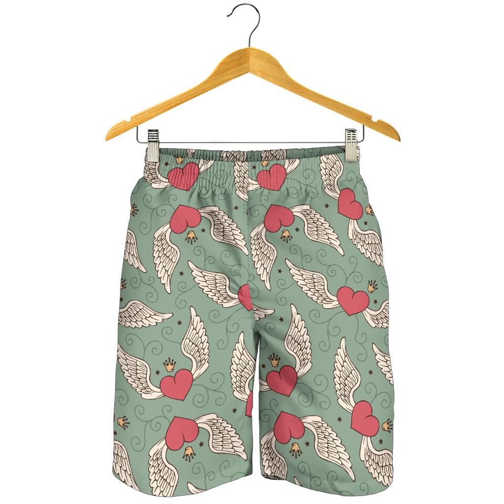 Angel Wings Heart Design Themed Print Mens Shorts-JTAMIGO.COM