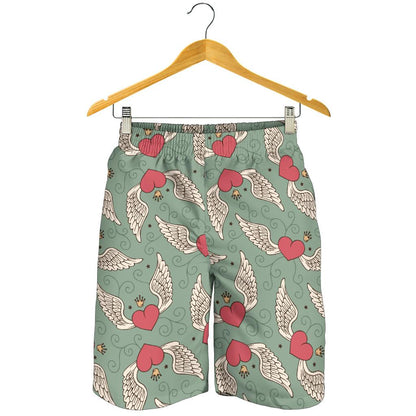 Angel Wings Heart Design Themed Print Mens Shorts-JTAMIGO.COM