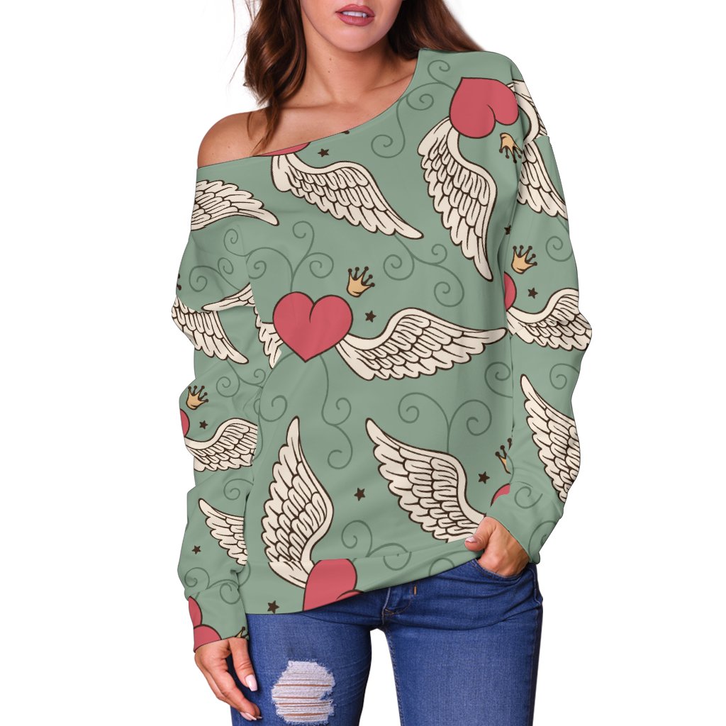 Angel Wings Heart Design Themed Print Off Shoulder Sweatshirt