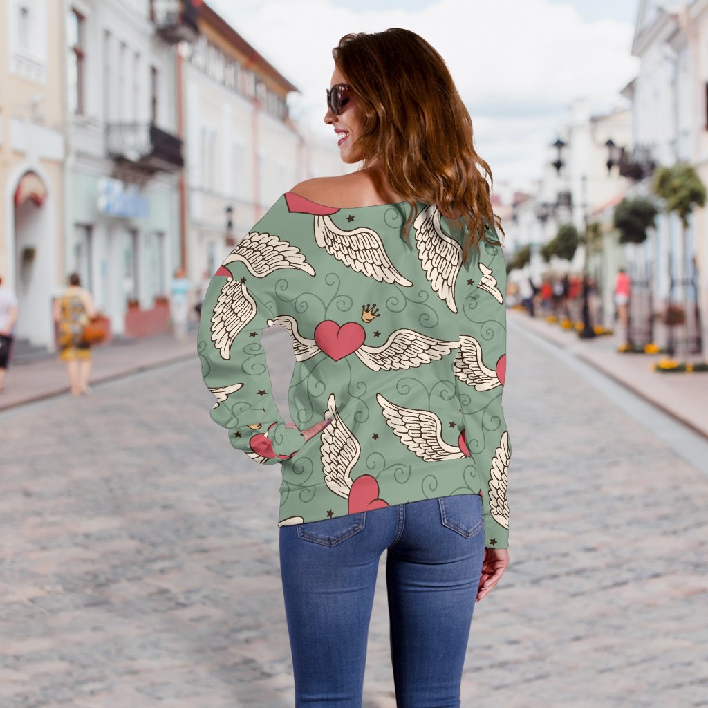 Angel Wings Heart Design Themed Print Off Shoulder Sweatshirt