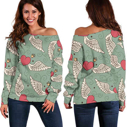 Angel Wings Heart Design Themed Print Off Shoulder Sweatshirt