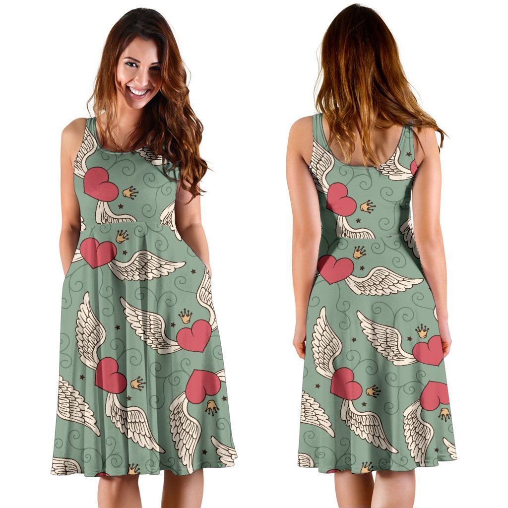 Angel Wings Heart Design Themed Print Sleeveless Dress