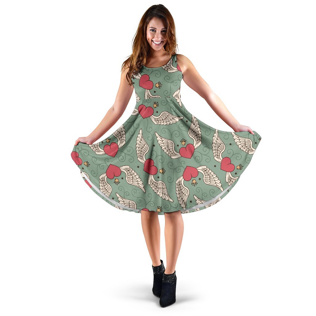Angel Wings Heart Design Themed Print Sleeveless Dress