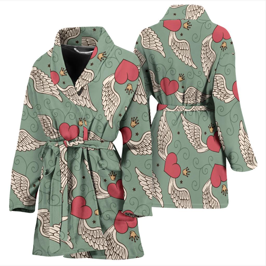 Angel Wings Heart Design Themed Print Women Bath Robe-JTAMIGO.COM