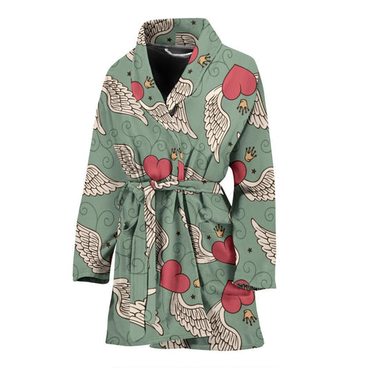 Angel Wings Heart Design Themed Print Women Bath Robe-JTAMIGO.COM