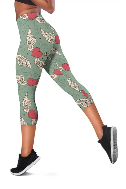Angel Wings Heart Design Themed Print Women Capris